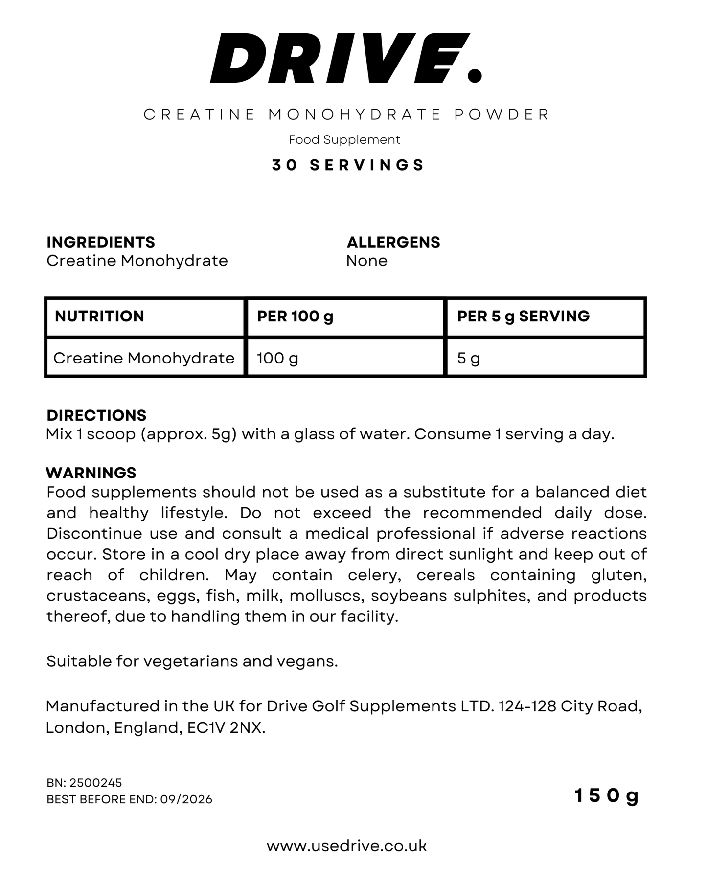 Creatine Monohydrate - 150g - Drive Supplements